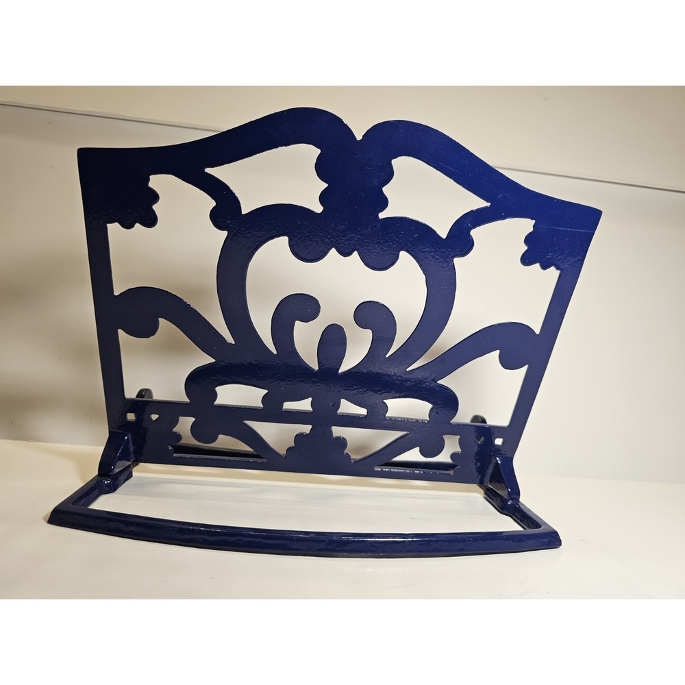 Cobalt Blue Cast Iron Book Holder Display Stand with Scroll - Picture 4 of 5